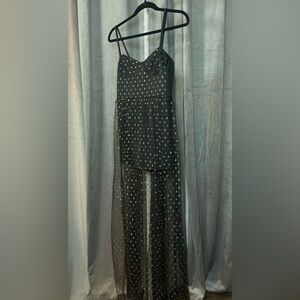 Black Sheer Maxi Dress with Gold Polka Dots